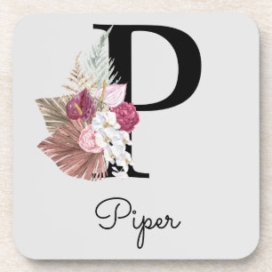 Monogram Roze Boho Meisjesachtig Bloemmotief Initi Bier Onderzetter