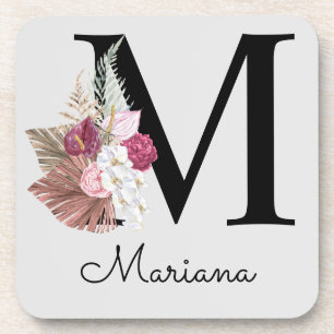 Monogram Roze Boho Meisjesachtig Bloemmotief Initi Bier Onderzetter