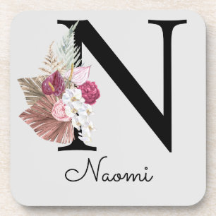 Monogram Roze Boho Meisjesachtig Bloemmotief Initi Bier Onderzetter