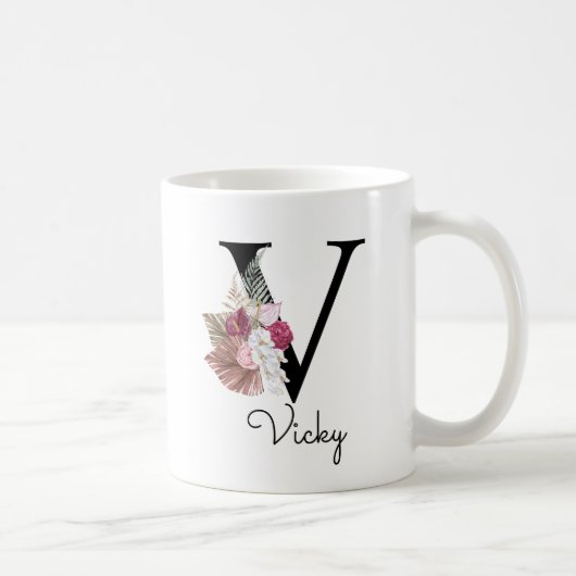 Monogram Roze Boho Meisjesachtig Bloemmotief Initi Koffiemok (Rechts)