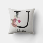 Monogram Roze Boho Meisjesachtig Bloemmotief Initi Kussen (Achterkant)