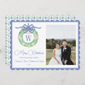 Monogram Roze Bow Greenery kerstfoto Feestdagenkaart (Voorkant / Achterkant)