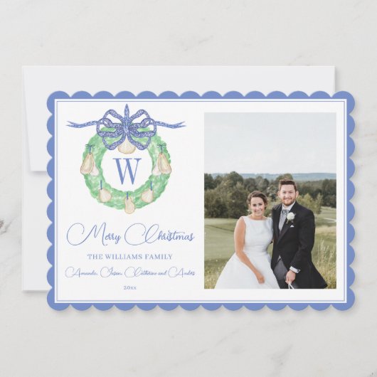 Monogram Roze Bow Greenery kerstfoto Feestdagenkaart (Voorkant)