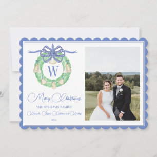 Monogram Roze Bow Greenery kerstfoto Feestdagenkaart