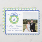 Monogram Roze Bow Greenery kerstfoto Feestdagenkaart (Voorkant / Achterkant)