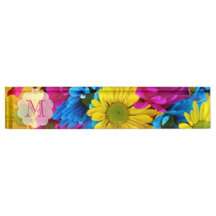Monogram Roze Bureaunaam Bord Daisy flower Bruilof Naambordje