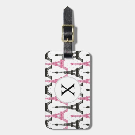 Monogram roze chique eiffeltoren patroon bagagelabel (Voorkant verticaal)