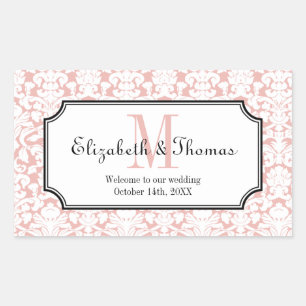 Monogram roze damask lijst uit de stad geschenkzak rechthoekige sticker