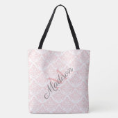 Monogram roze Damask Trendy Cute Girly Name Draagtas (Achterkant)