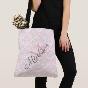 Monogram roze Damask Trendy Cute Girly Name Draagtas