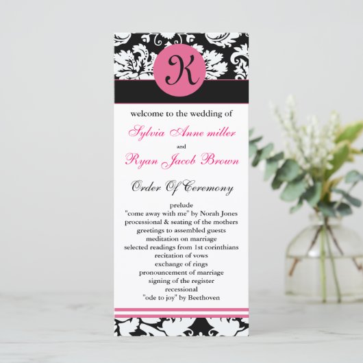 monogram roze damast Trouwprogramma Programma (Staand voorkant)