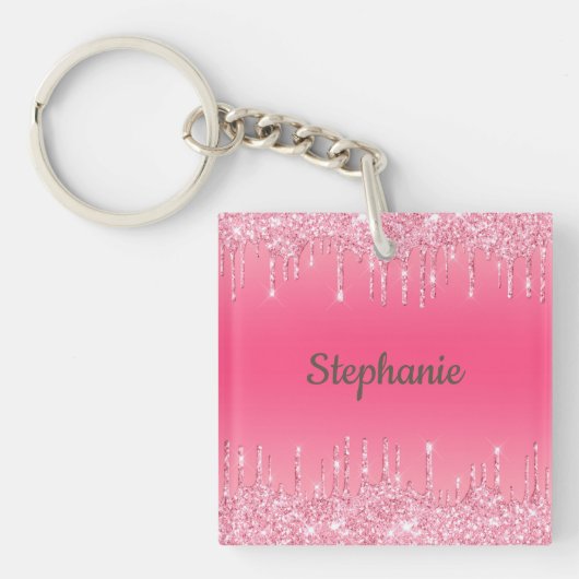 Monogram roze druppelaar Glitter Glam Trendy Sleutelhanger (Voorkant)