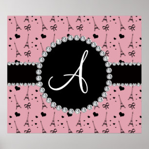 Monogram roze eiffeltorpatroon poster