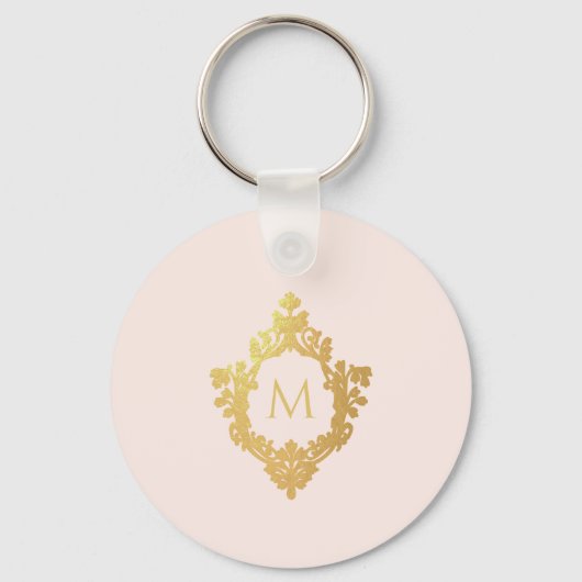 Monogram Roze Elegante  Faux Gold Folie Crest Sleutelhanger (Voorkant)