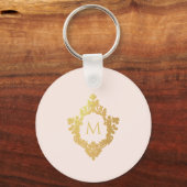 Monogram Roze Elegante  Faux Gold Folie Crest Sleutelhanger (Voorkant)