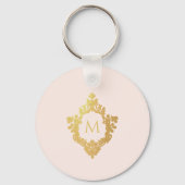 Monogram Roze Elegante  Faux Gold Folie Crest Sleutelhanger (Achterkant)