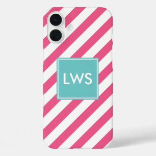 Monogram roze en Aqua Diagonaal Stripes iPhone 16 Plus Hoesje