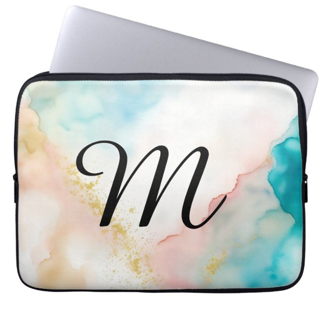 Monogram Roze en Blauw Gemarmerd met Faux Glitter Laptop Sleeve (Voorkant)