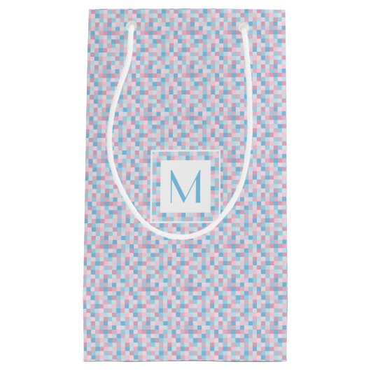 Monogram Roze en Blauw Squares Small Gift Bag Klein Cadeauzakje (Voorkant)