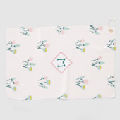 Monogram roze en blauwe lentbloemen golfhanddoek (Horizontaal)