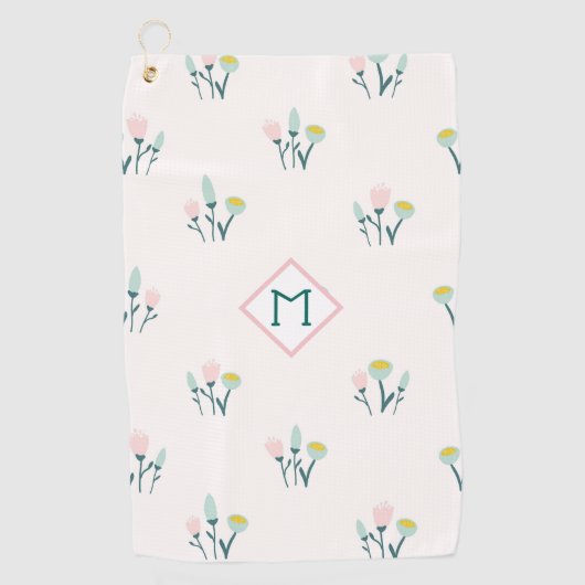 Monogram roze en blauwe lentbloemen golfhanddoek (Voorkant)