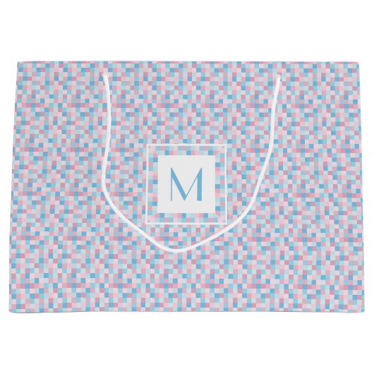 Monogram Roze en Blauwe Vierkantjes Grote Gift Bag Groot Cadeauzakje (Voorkant)