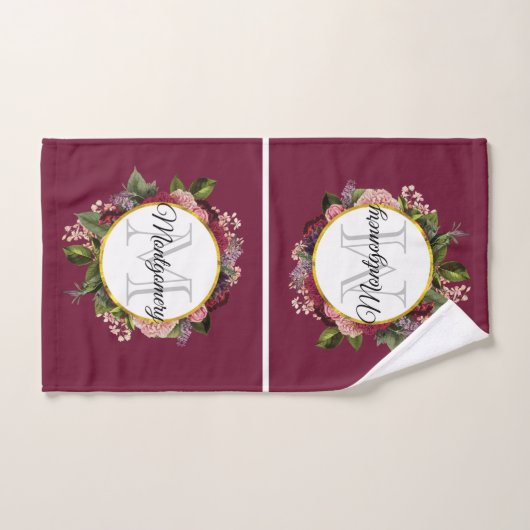 Monogram roze en Bourgogne Florals Bad Handdoek (Handdoek)