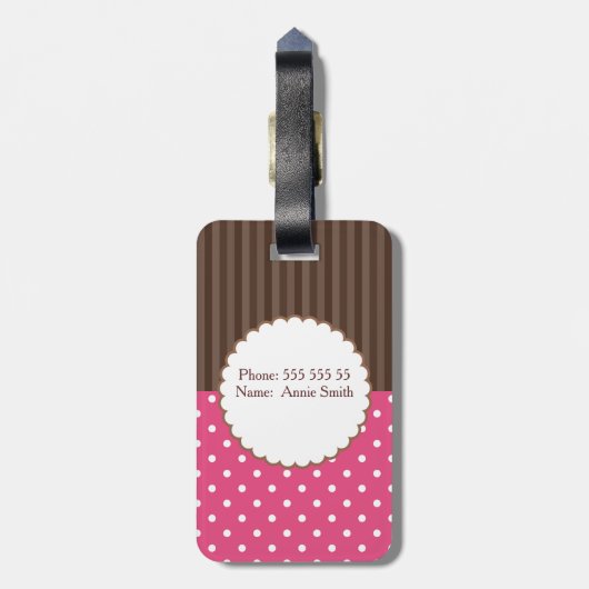 Monogram roze en bruine poka punts bagagelabel (Achterkant verticaal)