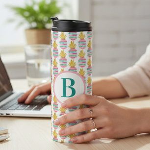 Monogram Roze en Gouden Glitter Ananas Thermosbeker