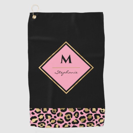 Monogram roze en goudluipaard afdrukken | Kleurblo Golfhanddoek (Voorkant)