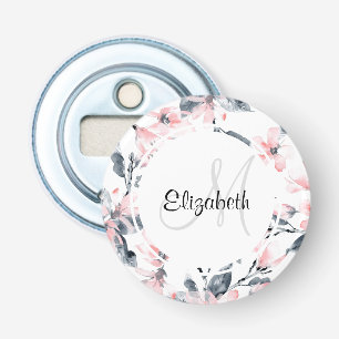 Monogram roze en grijze Floral Waterverf Button Flesopener