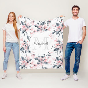 Monogram roze en grijze Floral Waterverf Fleece Deken