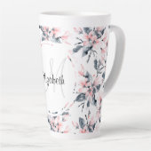 Monogram roze en grijze Floral Waterverf Latte Mok (Rechterhoek)