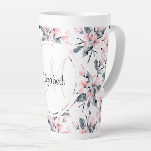 Monogram roze en grijze Floral Waterverf Latte Mok (Rechterhoek)