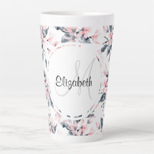 Monogram roze en grijze Floral Waterverf Latte Mok