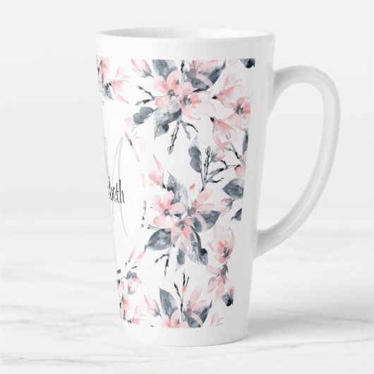 Monogram roze en grijze Floral Waterverf Latte Mok (Rechts)