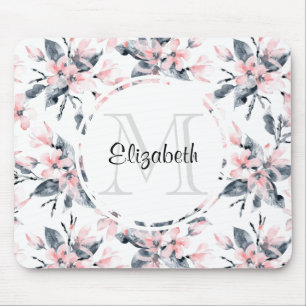 Monogram roze en grijze Floral Waterverf Muismat