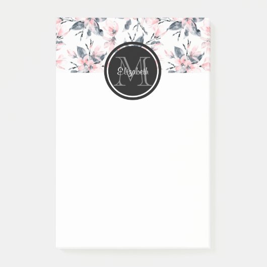 Monogram roze en grijze Floral Waterverf Post-it® Notes (Voorkant)