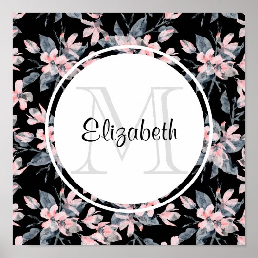 Monogram roze en grijze Floral Waterverf Poster (Voorkant)