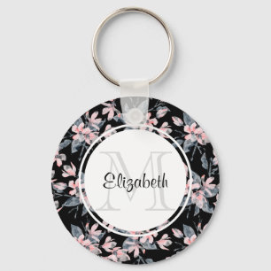 Monogram roze en grijze Floral Waterverf Sleutelhanger