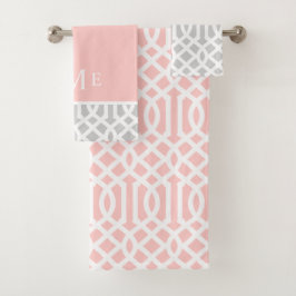 Monogram roze en grijze Trellis | bewerkbare kleur Bad Handdoek