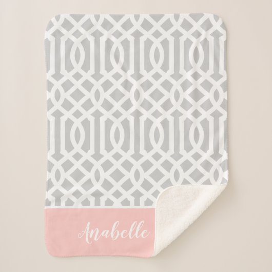 Monogram roze en grijze Trellis | bewerkbare kleur Sherpa Deken (Voorkant)