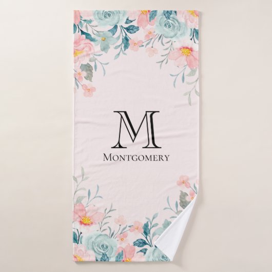 Monogram roze en groene Floral Border Bad Handdoek (Badhanddoek)