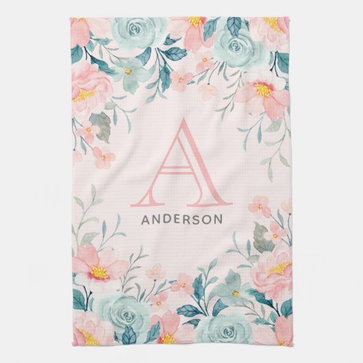 Monogram roze en groene Floral Border Theedoek (Verticaal)