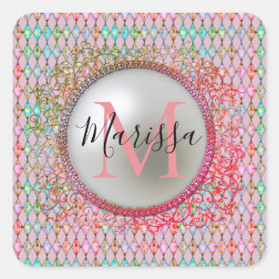 Monogram Roze en Groene Harlequin Vierkante Sticker