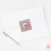 Monogram Roze en Groene Harlequin Vierkante Sticker (Envelop)