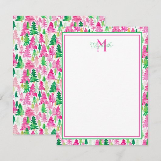 Monogram Roze en Groene Kerstbomen Notitiekaartje (Voorkant / Achterkant)