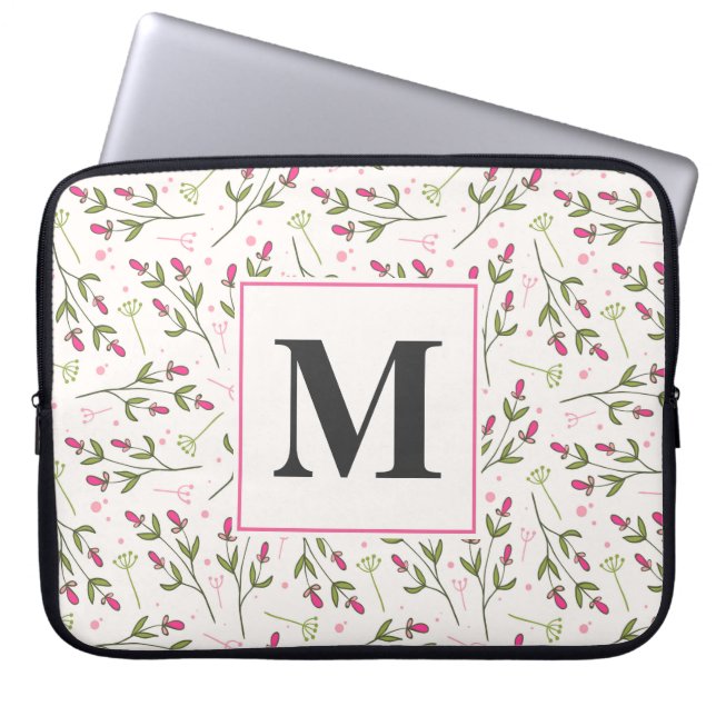 Monogram roze en groene langlevende wilde bloemen laptop sleeve (Voorkant)