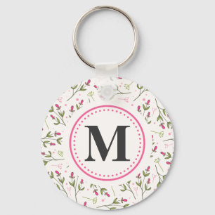 Monogram roze en groene langlevende wilde bloemen sleutelhanger