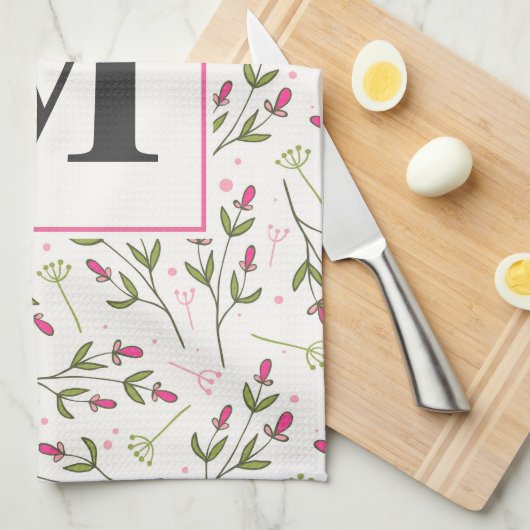 Monogram roze en groene langlevende wilde bloemen theedoek (Quarter Fold)